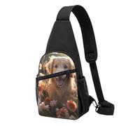 Sac à bandoulière pour femme avec cadre et guirlande - Sac de poitrine pour randonnée, voyage, Golden Retriever et fleurs, Taille unique