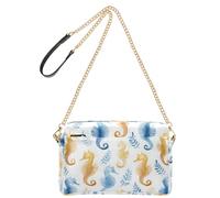 Sac à bandoulière pour femme en cuir synthétique avec large sangle réglable, motif hippocampe en pastel, aquarelle, traits de pinceau doux, design minimaliste, fond blanc