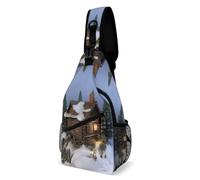 Sac à bandoulière pour femme et homme - Sac de poitrine à bandoulière - Motif golden retriever et fleurs - Pour voyage, sport, randonnée, Paysage rustique en bois de chalet, 38x20cm