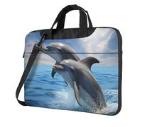 Sac à bandoulière pour ordinateur portable pour homme et femme, sac à bandoulière étanche avec poignée pour deux dauphins, Noir/blanc, 14 inch