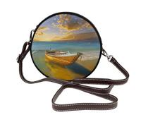 Sac à bandoulière rond en cuir avec bandoulière réglable en forme de noix de coco et coucher de soleil pour femme, Bateau plage lever du soleil nautique, Taille unique