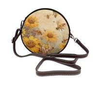 Sac à bandoulière rond en cuir avec bandoulière réglable pour femme Motif coucher de soleil et surf, Fleurs abeilles rurales, Taille unique