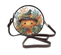 Sac à bandoulière rond en cuir avec chapeau de sorcière citrouille et feuilles d'automne pour femme