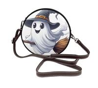 Sac à bandoulière rond en cuir avec chapeau de sorcière, fantôme, bâton à balai, sac à main pour femme