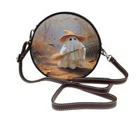 Sac à bandoulière rond en cuir avec chapeau de sorcière, fantôme dans les bois pour femme