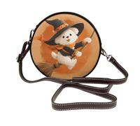 Sac à bandoulière rond en cuir avec motif chien mignon sur balai pour femme