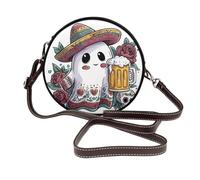 Sac à bandoulière rond en cuir avec motif fantôme mexicain tenant une tasse de bière et un crâne