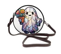 Sac à bandoulière rond en cuir avec motif fantôme mignon tenant un pot de fleurs coloré pour femme