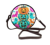 Sac à bandoulière rond en cuir avec trois citrouilles fluo et fantômes d'Halloween pour femme