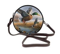 Sac à bandoulière rond en cuir imprimé fleur de lotus violet pour femme et fille pour l'école, le travail, les voyages, Chasse canards sauvages volants au bord du lac, Taille unique