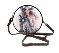 Sac à bandoulière rond en cuir pour femme Motif aquarelle Cowgirl équitation cheval noir