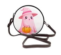 Sac à bandoulière rond en cuir rose avec fantôme habillé en sorcière