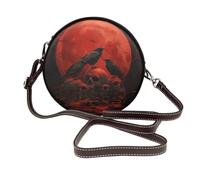 Sac à bandoulière rond en cuir rouge foncé avec trois corbeaux et tête de mort pour femme