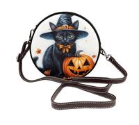 Sac à bandoulière rond rétro en cuir avec chapeau de sorcière et citrouille pour femme Noir