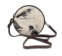 Sac à bandoulière rond vintage en cuir avec oiseaux sur journal pour femme