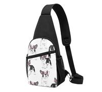 Sac à bandoulière, sac de poitrine croisé en diagonale, sac de poitrine de randonnée, sac de jour, sac de ceinture unisexe,Frenchie Noir Dessin Animé Bouledogue Français Lunettes Roses Chien Blanc