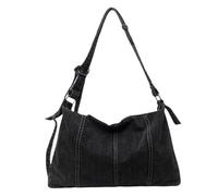 Sac à bandoulière solide en denim avec fermeture éclair - Grande capacité - Pour femme - Style basique, noir, Taille unique