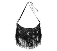 Sac à bandoulière tendance noir gothique tarot astrologie pour femme avec pompons et portefeuille