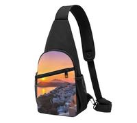 Sac à bandoulière tendance pour homme et femme - Sac banane décontracté pour Halloween, citrouille, arbre - Bleu - Pour voyage, randonnée, Paysage de coucher de soleil sur l'î, Taille unique