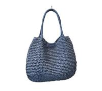 Sac à bandoulière vintage pour femme - Grande capacité - Crochet - Sac de plage - Couleur unie - Paille tissée - Sac quotidien d'été, bleu, Taille unique