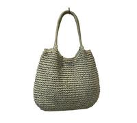 Sac à bandoulière vintage pour femme - Grande capacité - Crochet - Sac de plage - Couleur unie - Paille tissée - Sac quotidien d'été, Vert, Taille unique