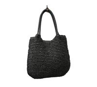 Sac à bandoulière vintage pour femme - Grande capacité - Crochet - Sac de plage - Couleur unie - Paille tissée - Sac quotidien d'été, Noir , Taille unique