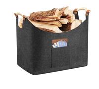 Sac à Bûches en Feutre XXL,Sac de Rangement en Feutre pour le Bois de Chauffage,Grand panier à Bois de Chauffage,Panier à Bûches Intérieur avec Poignée en Bois et Gants (gris foncé, 55x40x30cm)