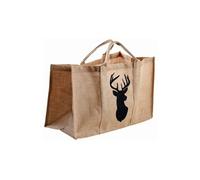Aubry Gaspard – Sac à bûches jute naturel motif cerf noir – 60x30x40 cm, poignées renforcées