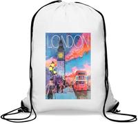 Sac à cordon avec cordon de serrage style rétro Motif bus rouge Londres Angleterre Big Ben Blanc