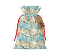 Sac à cordon avec étiquette en papier kraft pour Noël, Halloween, fête, coquillages, étoiles de mer, bleu