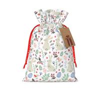 Sac à cordon avec imprimé de fleurs, lapins, oiseaux, avec étiquette kraft pour Noël, Halloween, fête, emballage cadeau