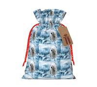 Sac à cordon avec imprimé ours polaire blanc avec étiquette kraft pour Noël, Halloween, fête, emballage cadeau