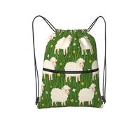 Sac à cordon de serrage élégant avec poche avant zippée pour les vacances, Mouton et herbe mignons, One Size