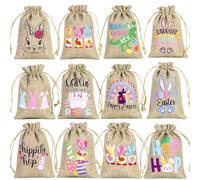 Sac à cordon en toile de jute de Pâques,sacs en toile de jute de Pâques | 12 Pièces Sac en Toile de Jute Lapin Sac Goody avec Cordon | Sac de bonbons de printemps, sac en toile de jute aux œufs