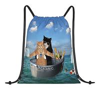 Sac à cordon unisexe avec cordon de serrage - Motif chats mignons sur bateau en mer bleue - Grande capacité - Imperméable - Léger - Pour garçons et filles, #1834