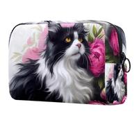 Sac À Cosmétiques Chat avec Fleurs Épanouies Trousse De Toilette De Voyage Trousse De Maquillage pour Femmes