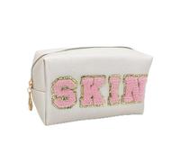 Sac à Cosmétiques Chenille Letter PU Leather Makeup Bag Waterproof Toiletry Bag Zipper Portable Skin Makeup Pouch Cosmetic Bag for Travel Accessor pour Femme(Skin Beige)