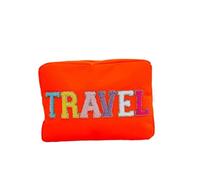 Sac à cosmétiques de Grande capacité for Femmes, Trousse de Maquillage en Nylon avec Lettres Autocollantes, Sacs de Rangement de Voyage, Sacs à Main Portables for Femmes pour Femmes(Travel Orange)