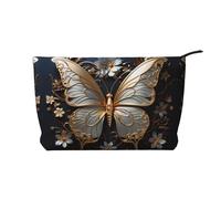 Sac à cosmétiques pour femme en velours côtelé doré et blanc avec motif de papillons - Sac fourre-tout portable de grande capacité avec fermeture éclair - Sac de rangement - Noir - Taille unique, Noir