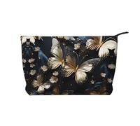 Sac à cosmétiques pour femme en velours côtelé doré et blanc, motif papillons noirs, sac fourre-tout portable, grande capacité, sac de voyage, sac de rangement, noir, taille unique, Noir , Taille