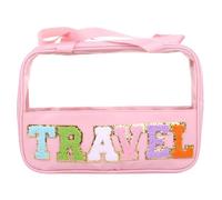 Sac à cosmétiques Preppy Clear Travel Makeup Bags with Chenille Letter Stuff Patches Large Clear Make Up Bag Zipper Pouch with Handle(Color:Travel)