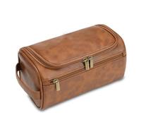 Sac à Cosmétiques Solid-Color Zipped Wash Bags Soft PU Leather Toiletry Bag Portable Waterproof Travel Makeup Bags Travel Storage pour Femme(Yellow Brown)