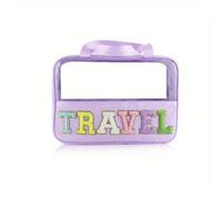 Sac à Cosmétiques Translucent Wash Bags Travel Makeup Bags with Letter Patches Large Clear Make Up Bags Zipper Pouch with Handle Bath Organizer pour Femme(Purple)