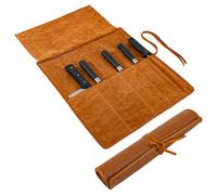 Sac à couteaux en cuir véritable pleine fleur pour cuisine, étui professionnel de chef, 5 compartiments, 43 x 36 cm, rouleau marron clair, rangement sécurisé pour couteaux adapté aux chefs et amateurs