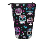 Sac à crayons télescopique avec impression de crânes colorés, trousse de papeterie, trousse de maquillage, étui de rangement, Noir , Taille unique