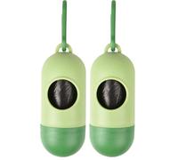 Sac à crottes chien - Rox Vert - plastique (PP/PE) - bouchon à vis + mousqueton - 4,2x4,2x10 cm - 1 rouleau 20 sacs gratuit (Lot de 2)
