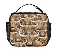 Sac à déjeuner à double fermeture éclair pour homme avec bandoulière et porte-bouteille, boîte à déjeuner thermique pour école, université, dessin animé, bétail des Highlands, marron