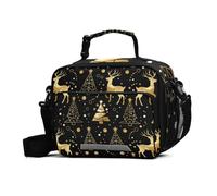 Sac à déjeuner fourre-tout noir et doré avec renne de Noël - Grande capacité - Réutilisable - Avec bandoulière réglable - Pour le travail, les voyages, les pique-niques