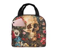 Sac à déjeuner isotherme avec imprimé tête de mort, réutilisable avec poche avant pour le travail et le pique-nique