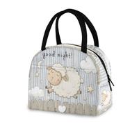 Sac à déjeuner isotherme Boîte à déjeuner Sac à main Sac fourre-tout Mignon Dessin animé Vector Illustration de mouton sautant par-dessus la clôture avec bonne nuit ! Écrivez-le dans un Sim